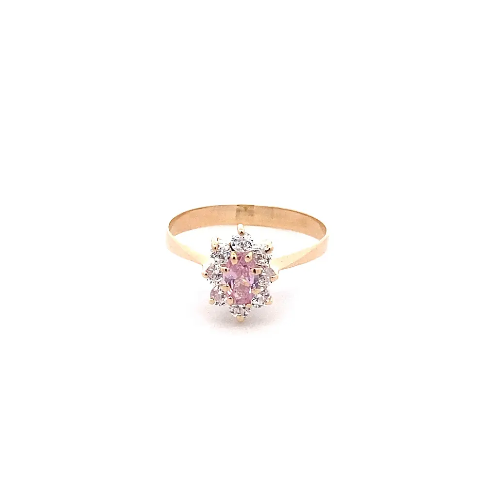 Anillo Lady Di de Oro Amarillo 18K con Piedra Rosada e Incoloras