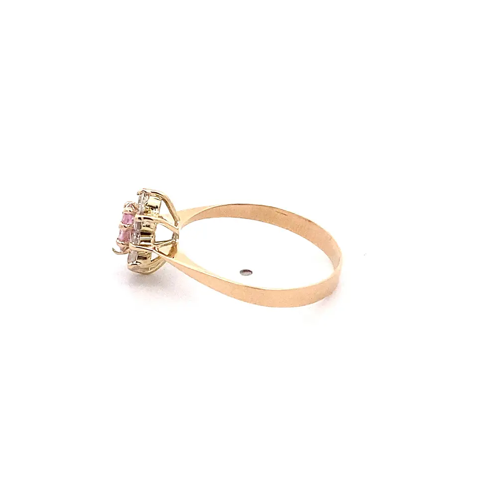 Anillo Lady Di de Oro Amarillo 18K con Piedra Rosada e Incoloras