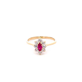 Anillo Lady Di de Oro Amarillo 18K con Piedra Fucsia e Incoloras