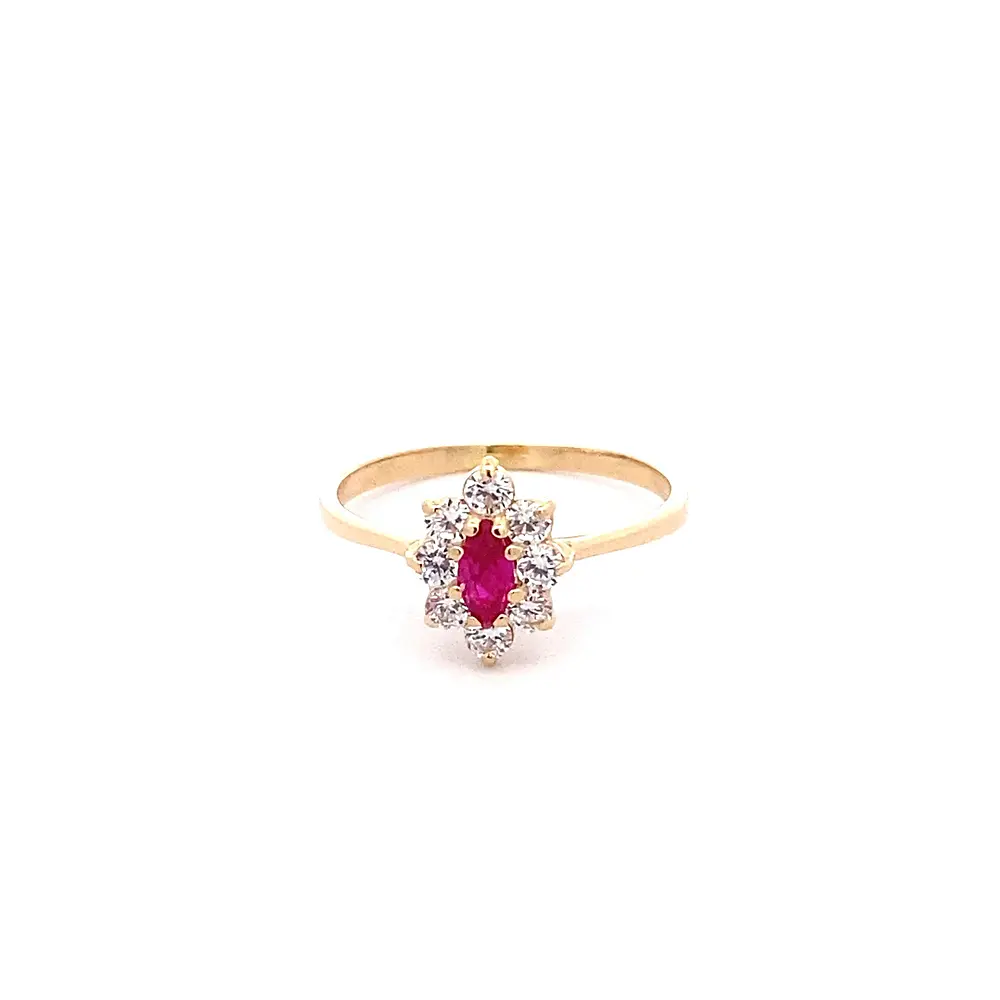 Anillo Lady Di de Oro Amarillo 18K con Piedra Fucsia e Incoloras