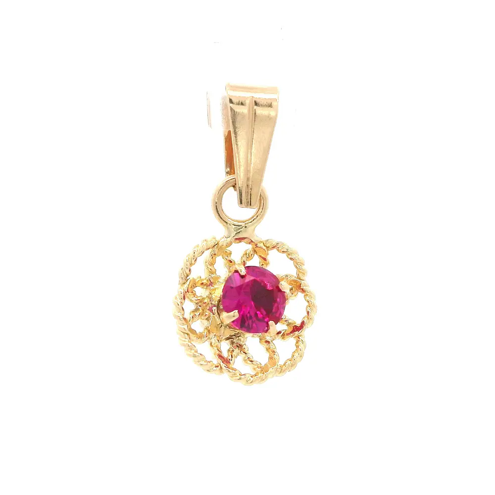 Colgante Flor de Oro Amarillo 18K con Piedra Fucsia