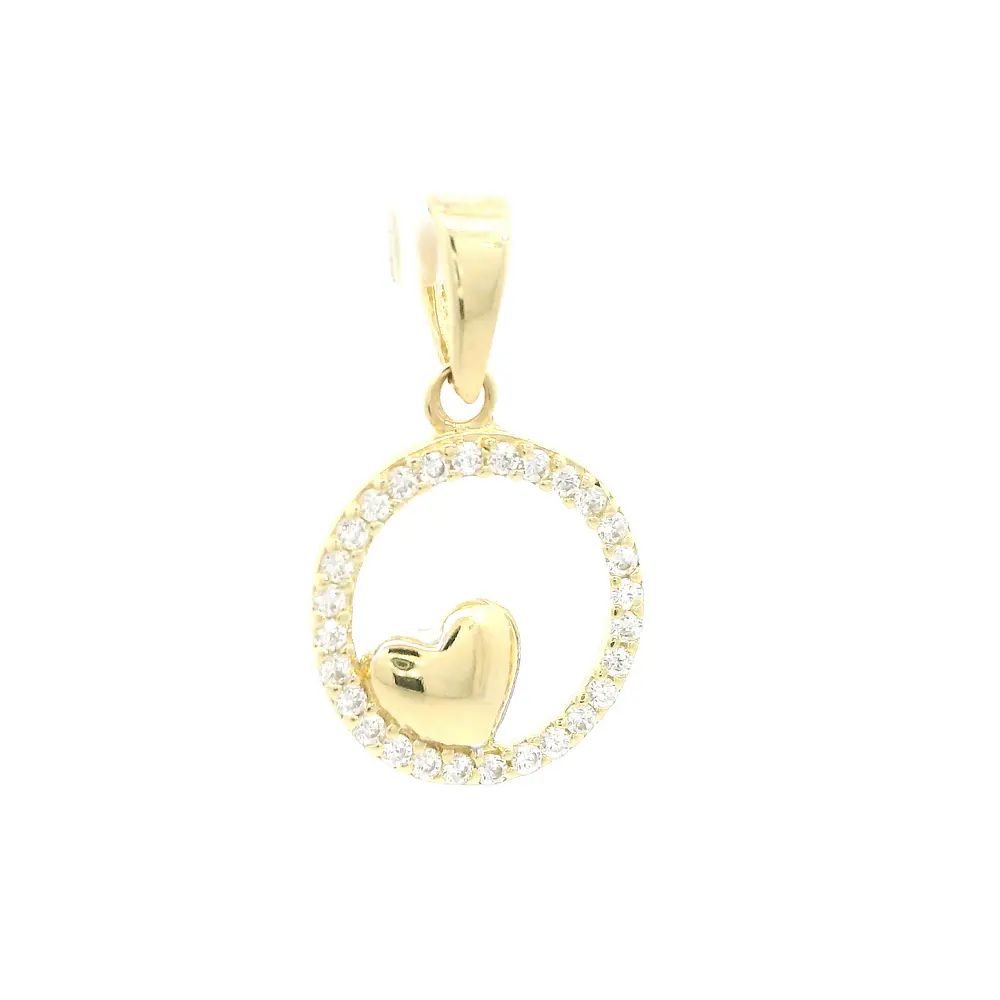 Colgante Medalla Circular de Oro Amarillo 18K con Corazón y Piedras Incoloras