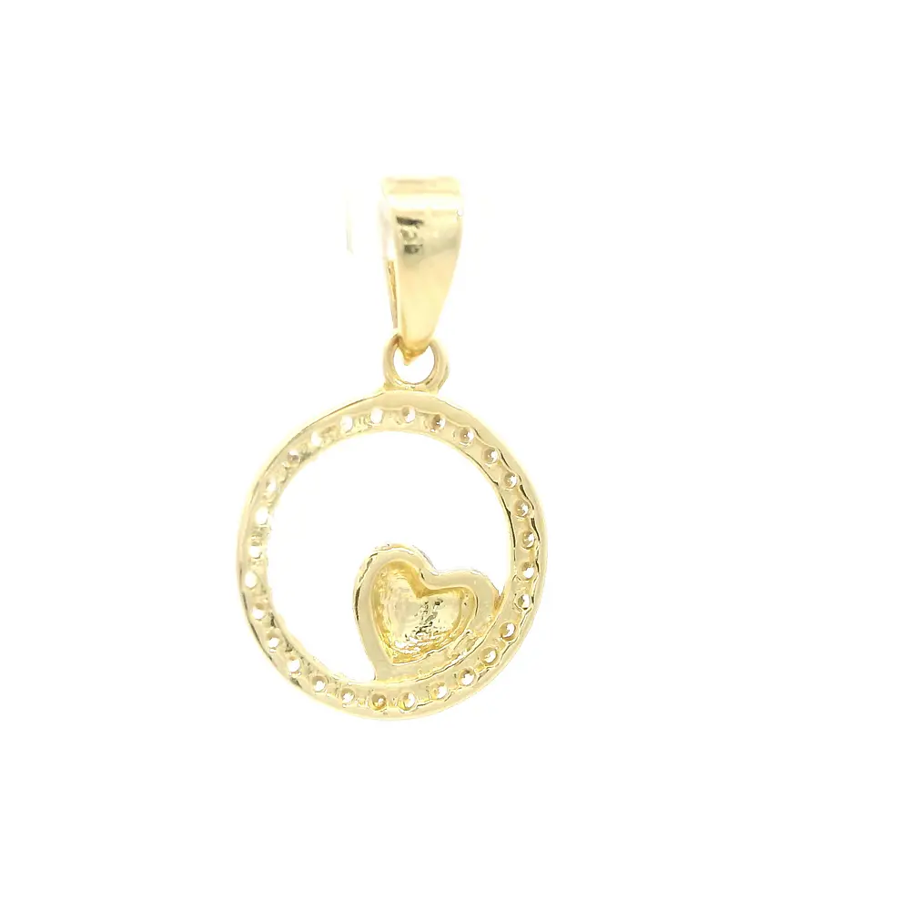 Colgante Medalla Circular de Oro Amarillo 18K con Corazón y Piedras Incoloras