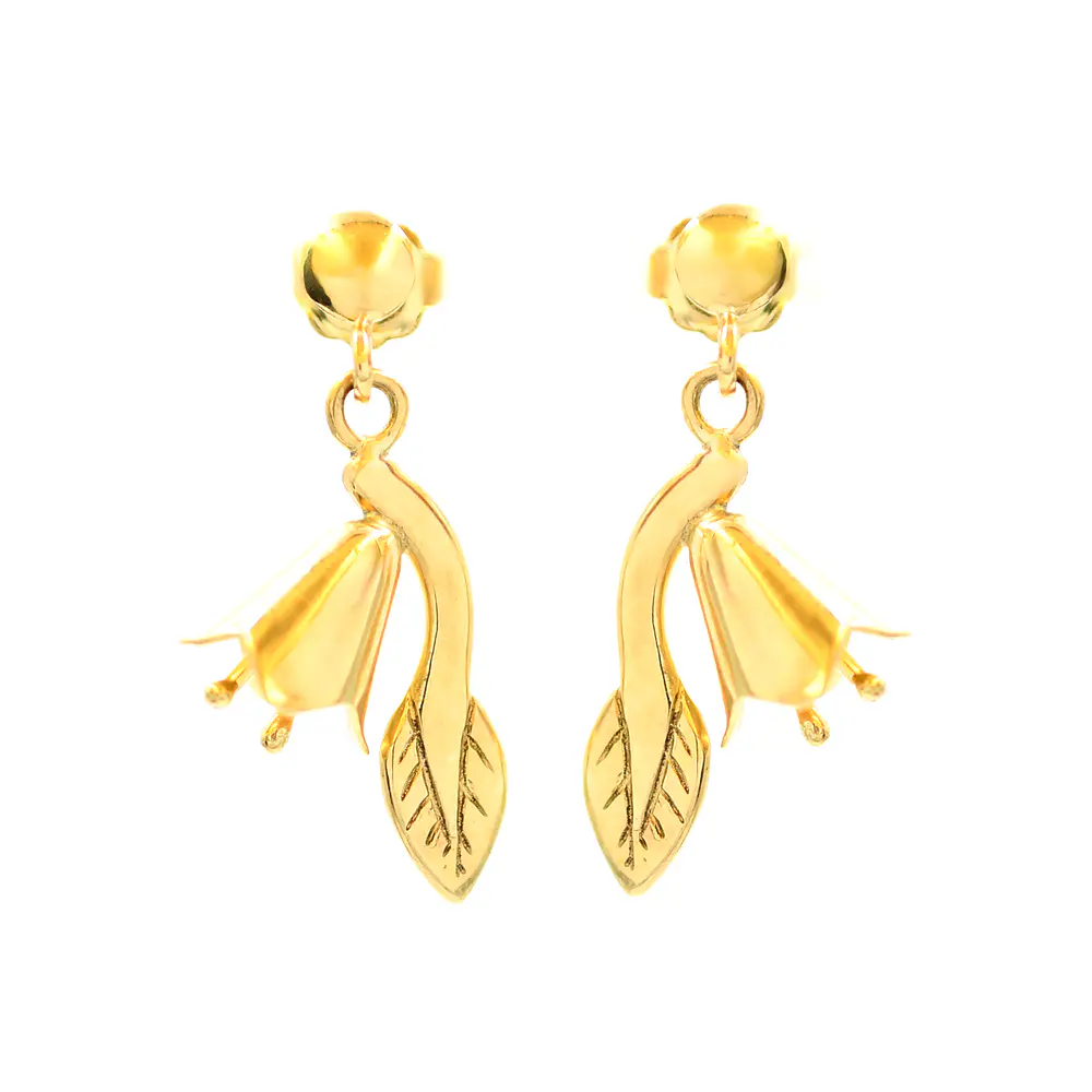 Aros De Oro Amarillo 18K Copihue Con Hoja Tallada
