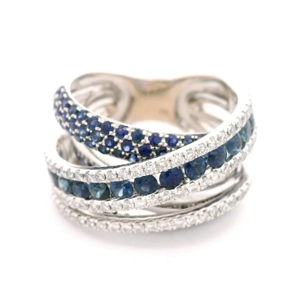 Anillo Cruzado Calado De Oro 18K Con Zafiros y Diamantes