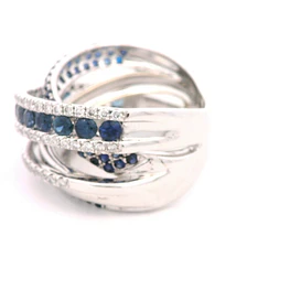 Anillo Cruzado Calado De Oro 18K Con Zafiros y Diamantes