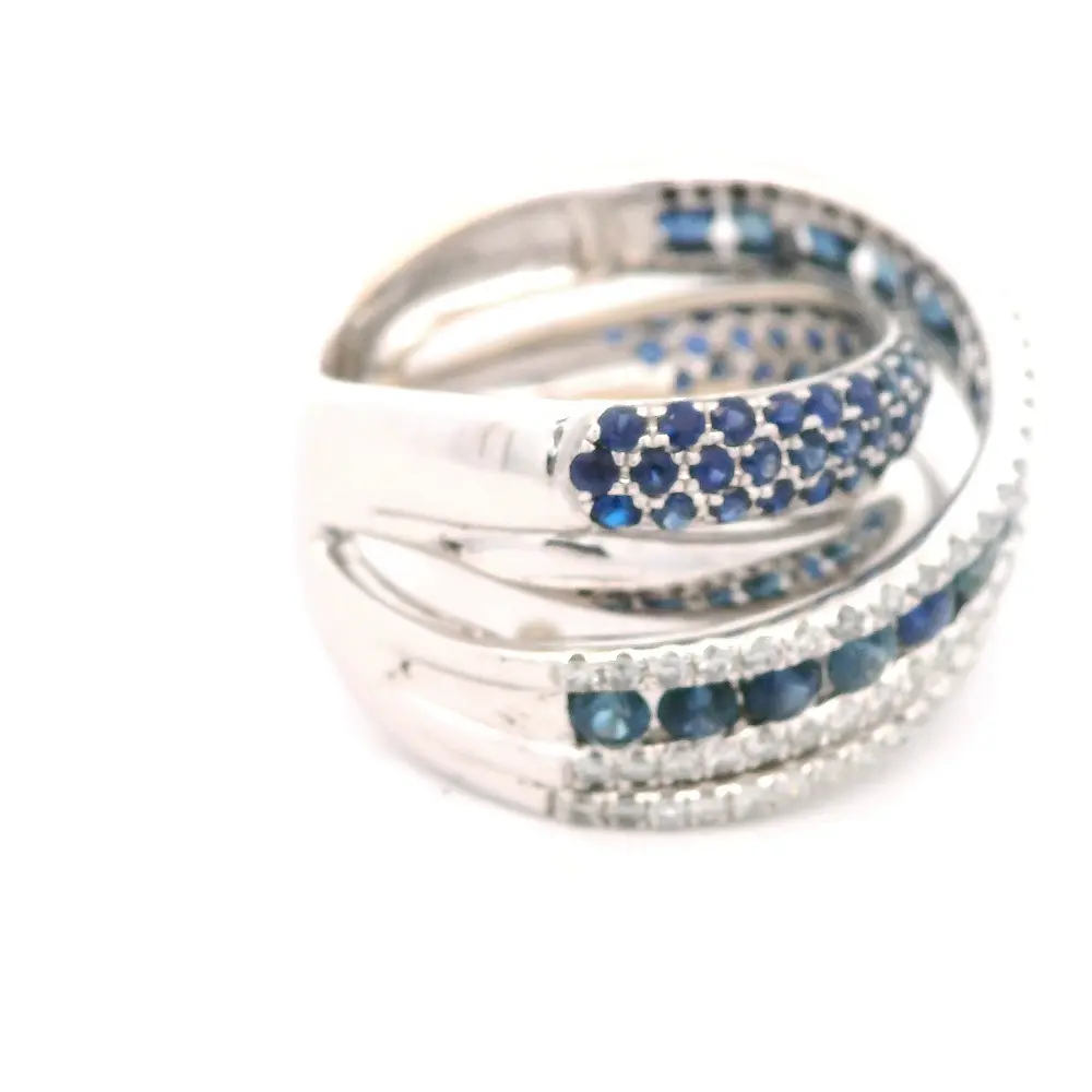 Anillo Cruzado Calado De Oro 18K Con Zafiros y Diamantes