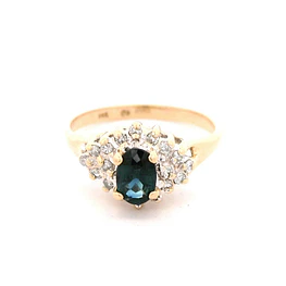 Anillo Halo De Dos Oros 14K Con Zafiro y Diamantes