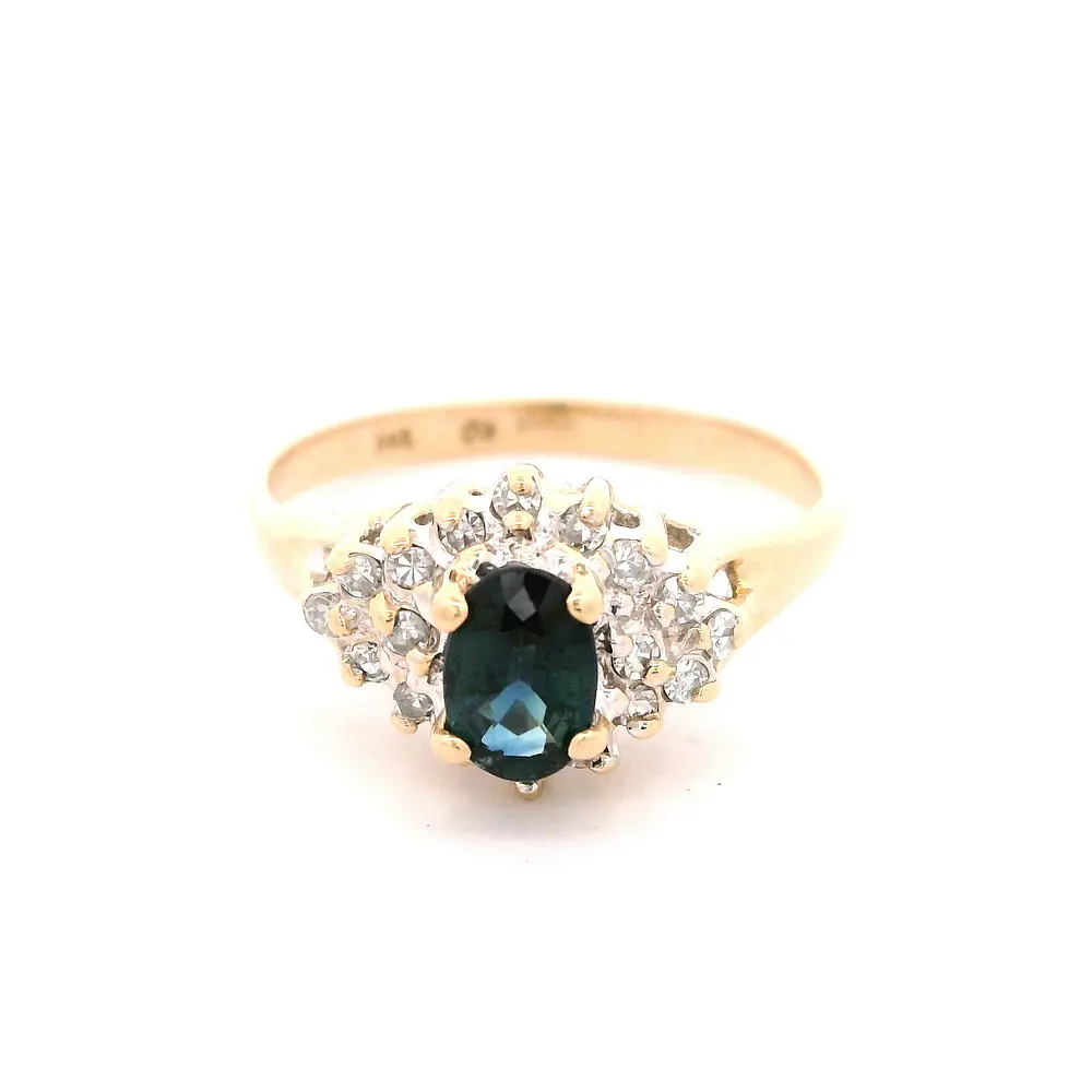 Anillo Halo De Dos Oros 14K Con Zafiro y Diamantes