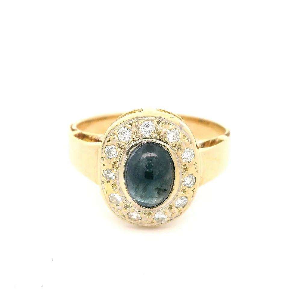 Anillo Ovalado De Oro 18K Con Zafiro y Diamantes Naturales