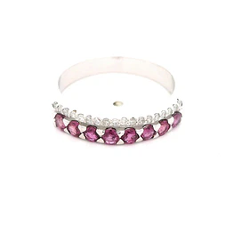 Anillo Doble Cintillo De Oro Blanco 18K Con Diamantes y Rubíes Rosa