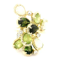 Anillo Gotas Caladas De Oro 14K Con Diamantes, Ópalos y Piedras Verdes