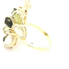 Anillo Gotas Caladas De Oro 14K Con Diamantes, Ópalos y Piedras Verdes