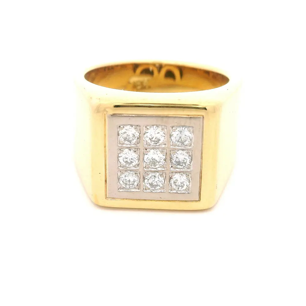Anillo Sello Cuadrado De Dos Oros 18K Con 9 Diamantes