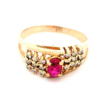 Anillo Diadema De Oro 18K Con Diamantes y Piedra Roja
