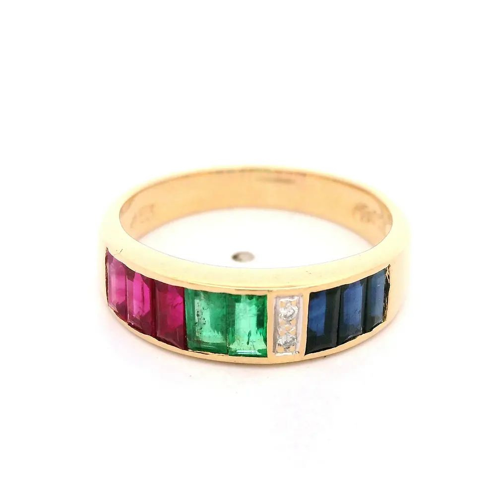 Anillo Cintillo De Oro 18K Con Diamantes, Esmeraldas, Zafiros y Rubíes