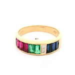 Anillo Cintillo De Oro 18K Con Diamantes, Esmeraldas, Zafiros y Rubíes