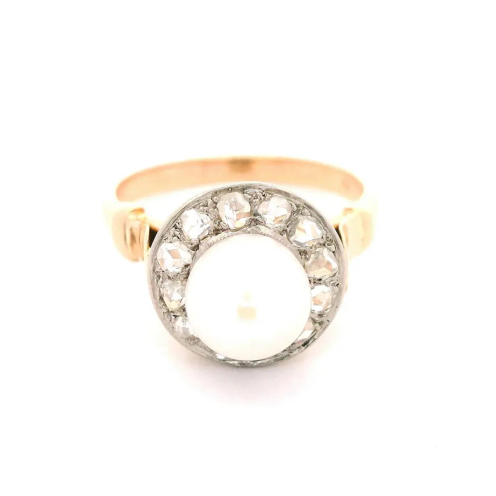 Anillo Halo De Dos Oros 18K Con Perla y Diamantes Naturales