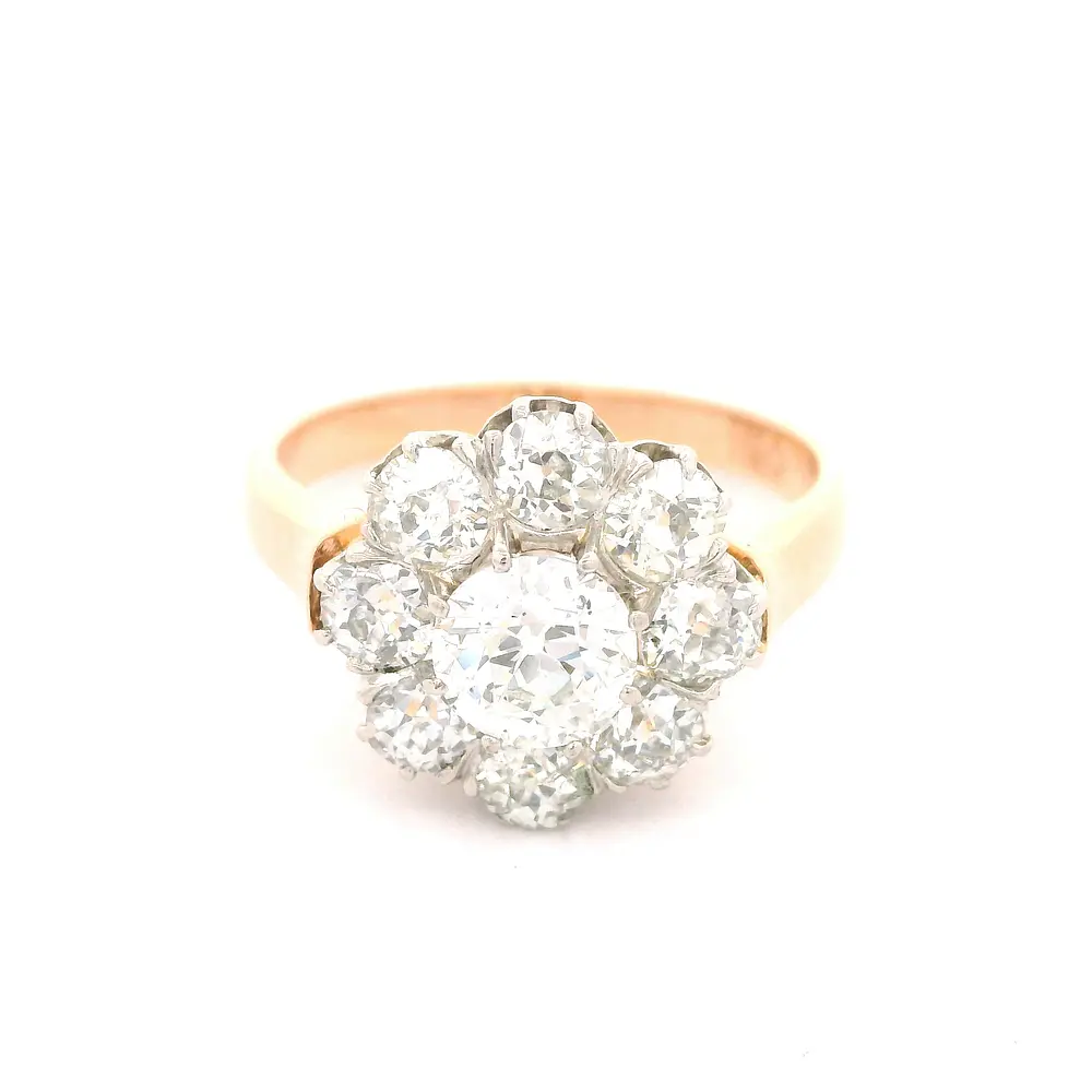Anillo Flor De Dos Oros 18K Con 9 Diamantes Corte Antiguo
