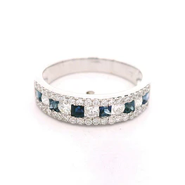 Anillo Cintillo De Oro Blanco 18K Con Diamantes y Piedras Azules