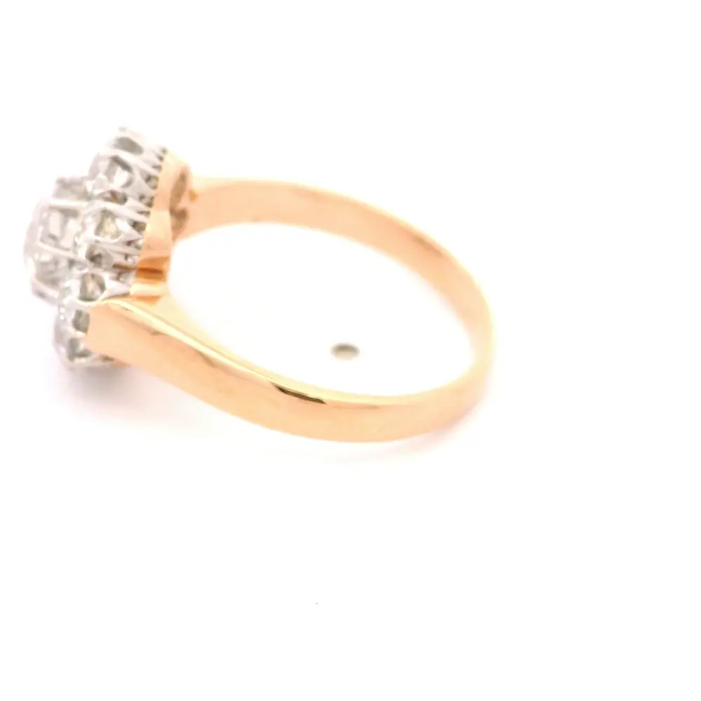 Anillo Flor De Dos Oros 18K Con 9 Diamantes Corte Antiguo