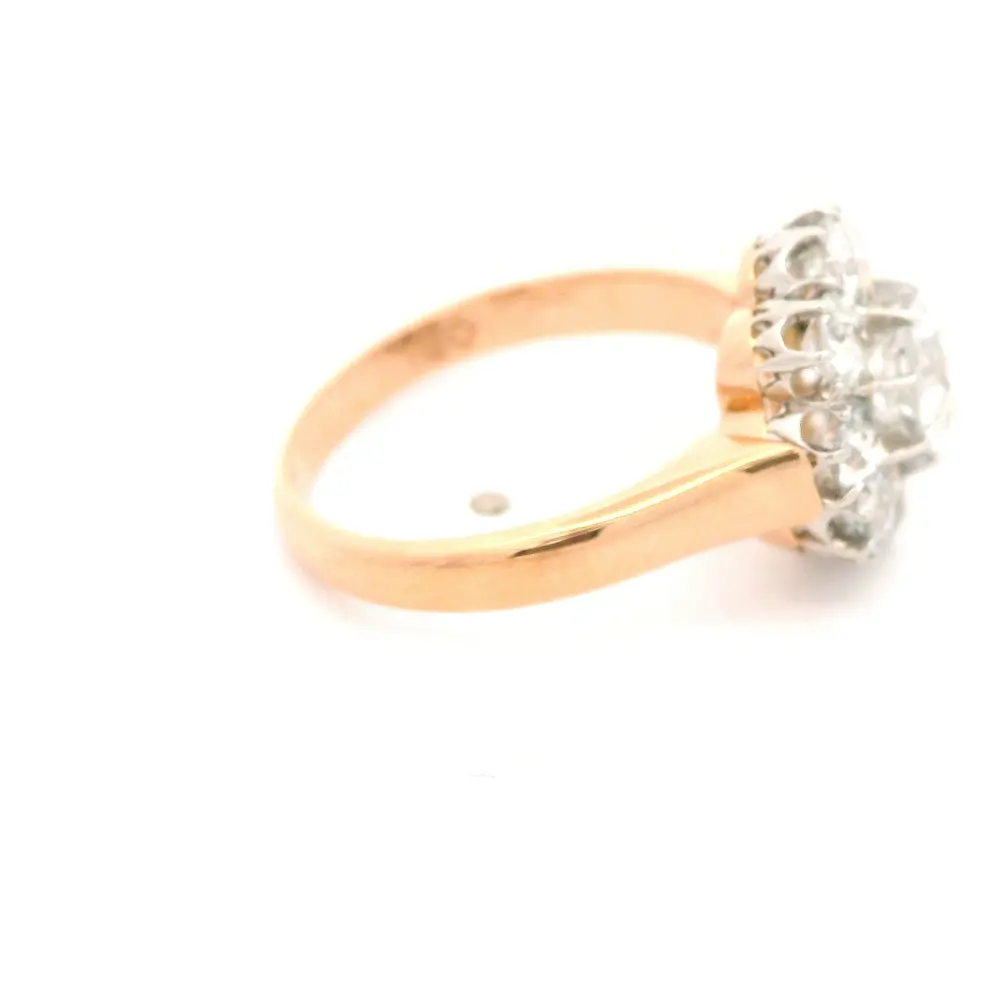 Anillo Flor De Dos Oros 18K Con 9 Diamantes Corte Antiguo