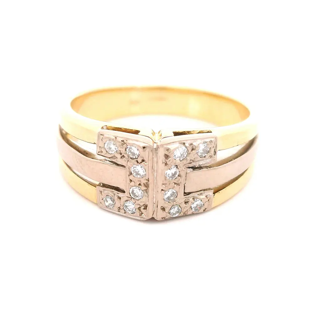 Anillo Semibombé Calado De Dos Oros 18K Con 12 Diamantes Naturales