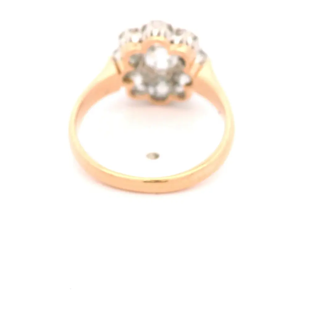 Anillo Flor De Dos Oros 18K Con 9 Diamantes Corte Antiguo