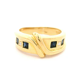 Anillo Semibombé De Oro 18K Con Diamantes y Piedras Azules