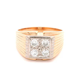 Anillo Sello De Dos Oros 14K Con 4 Diamantes Naturales