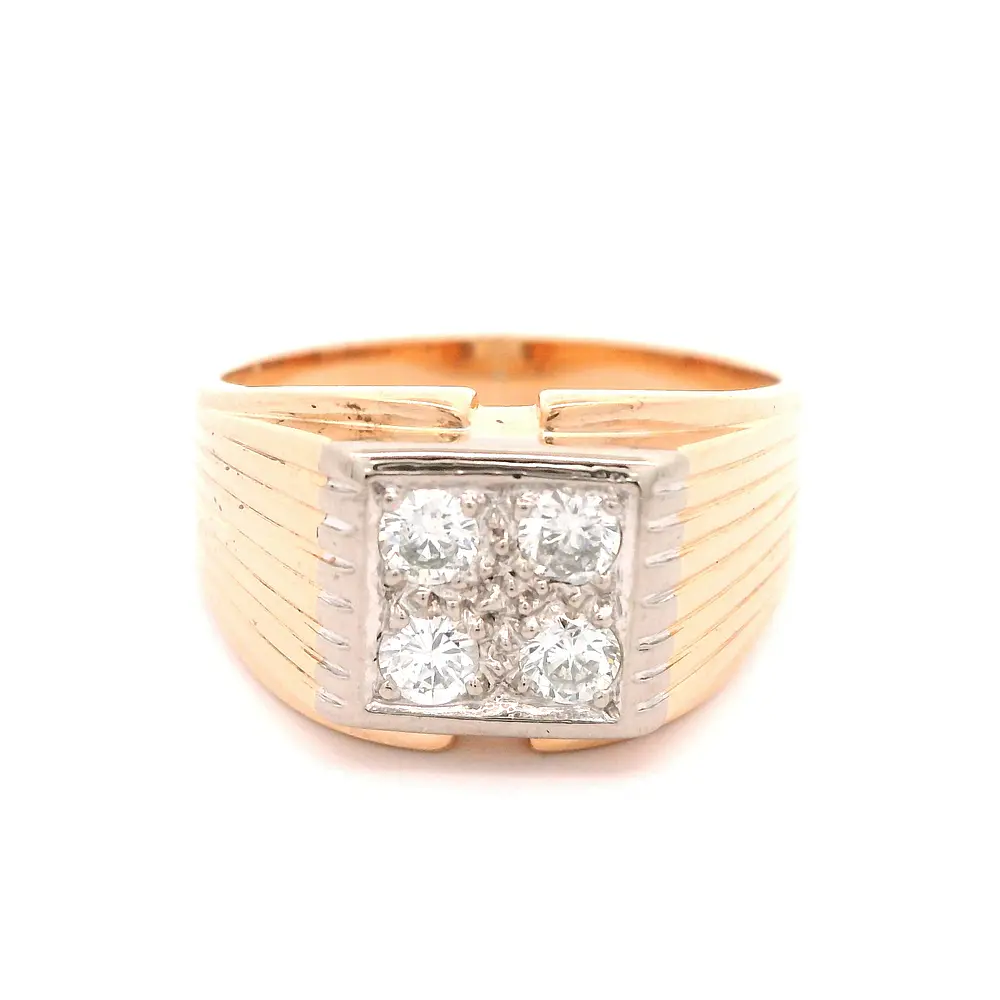 Anillo Sello De Dos Oros 14K Con 4 Diamantes Naturales