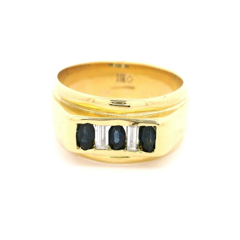 Anillo Sello De Oro 18K Con Diamantes y Piedras Azules