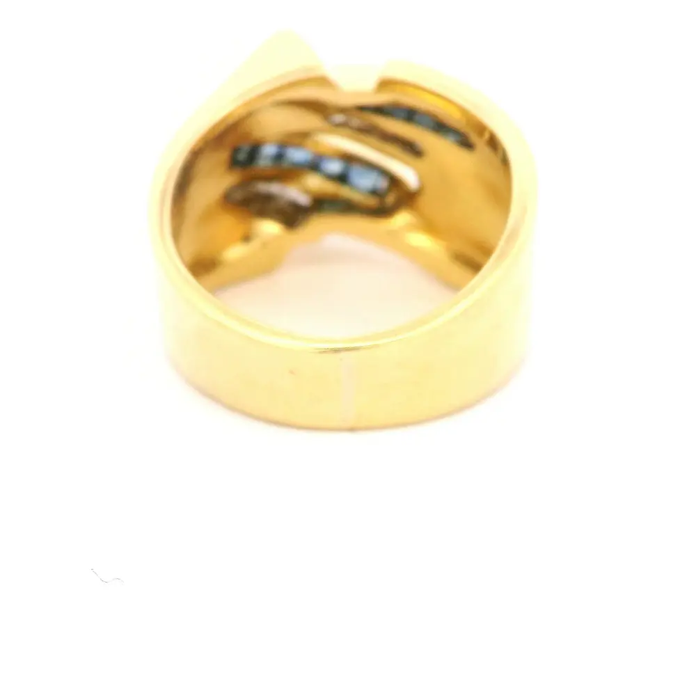 Anillo Cruzado De Oro 18K Con Diamantes Baguette y Piedras Azules