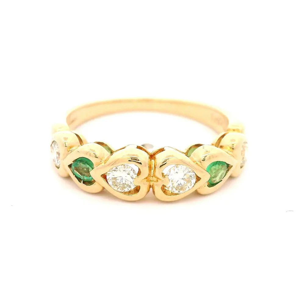 Anillo Cintillo Corazones De Oro 18K Con Diamantes y Piedras Verdes