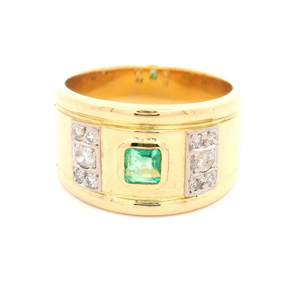 Anillo Tuerca De Dos Oros 18K Con Esmeralda y Diamantes