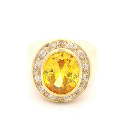 Anillo Sello De Oro 18K Con Diamantes y Piedra Amarilla