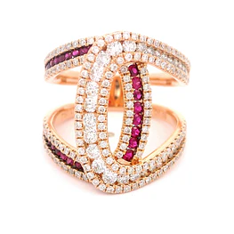 Anillo Calado Cruzado De Oro 18K Con Diamantes y Rubíes