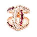 Anillo Calado Cruzado De Oro 18K Con Diamantes y Rubíes