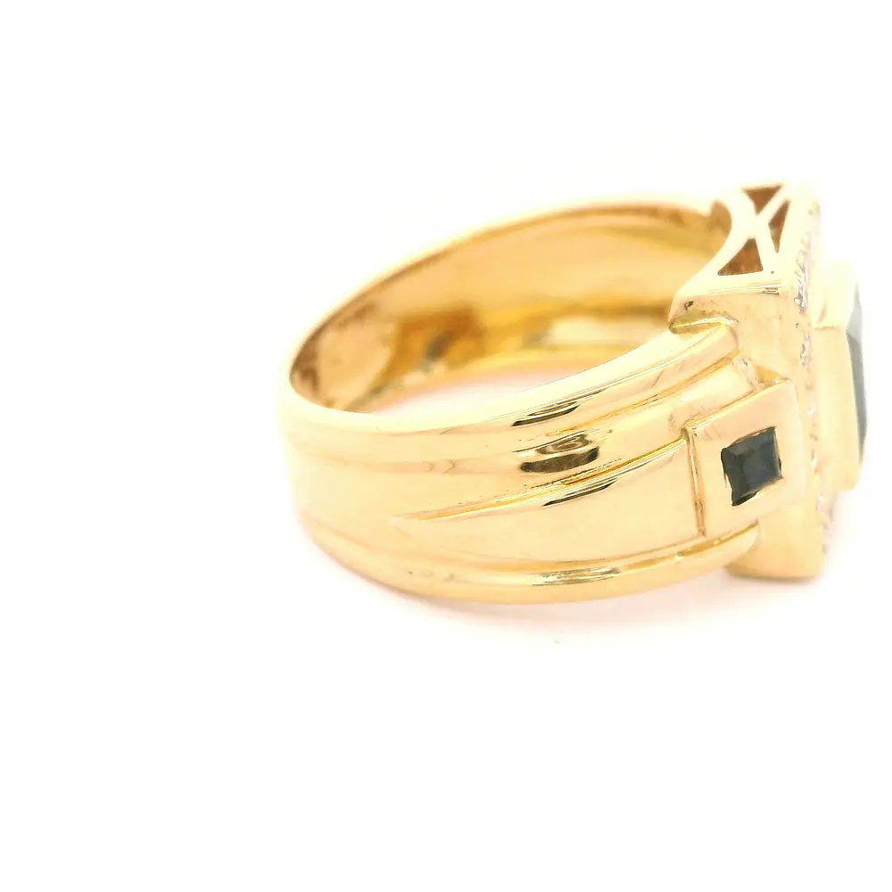 Anillo Sello De Oro 18K Con Diamantes Naturales y Piedras Azules