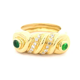 Anillo Trenzado De Oro 18K Con Diamantes y Piedras Verdes