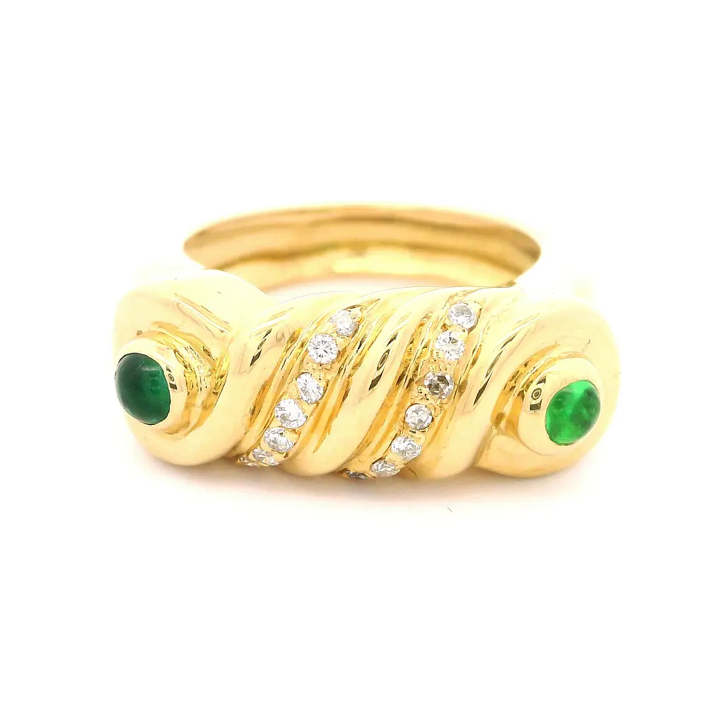 Anillo Trenzado De Oro 18K Con Diamantes y Piedras Verdes
