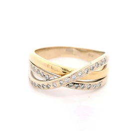 Anillo Cruzado Calado De Dos Oros 18K Con 27 Diamantes Naturales