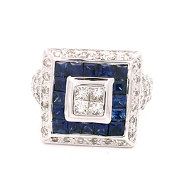 Anillo Sello Cuadrado De Oro Blanco 14K Con Diamantes y Piedras Azules