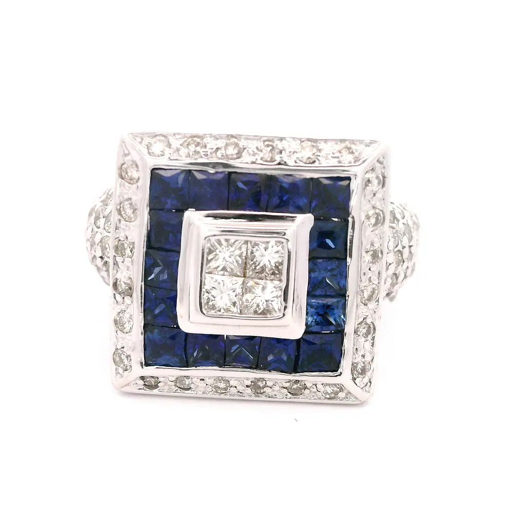 Anillo Sello Cuadrado De Oro Blanco 14K Con Diamantes y Piedras Azules
