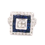 Anillo Sello Cuadrado De Oro Blanco 14K Con Diamantes y Piedras Azules