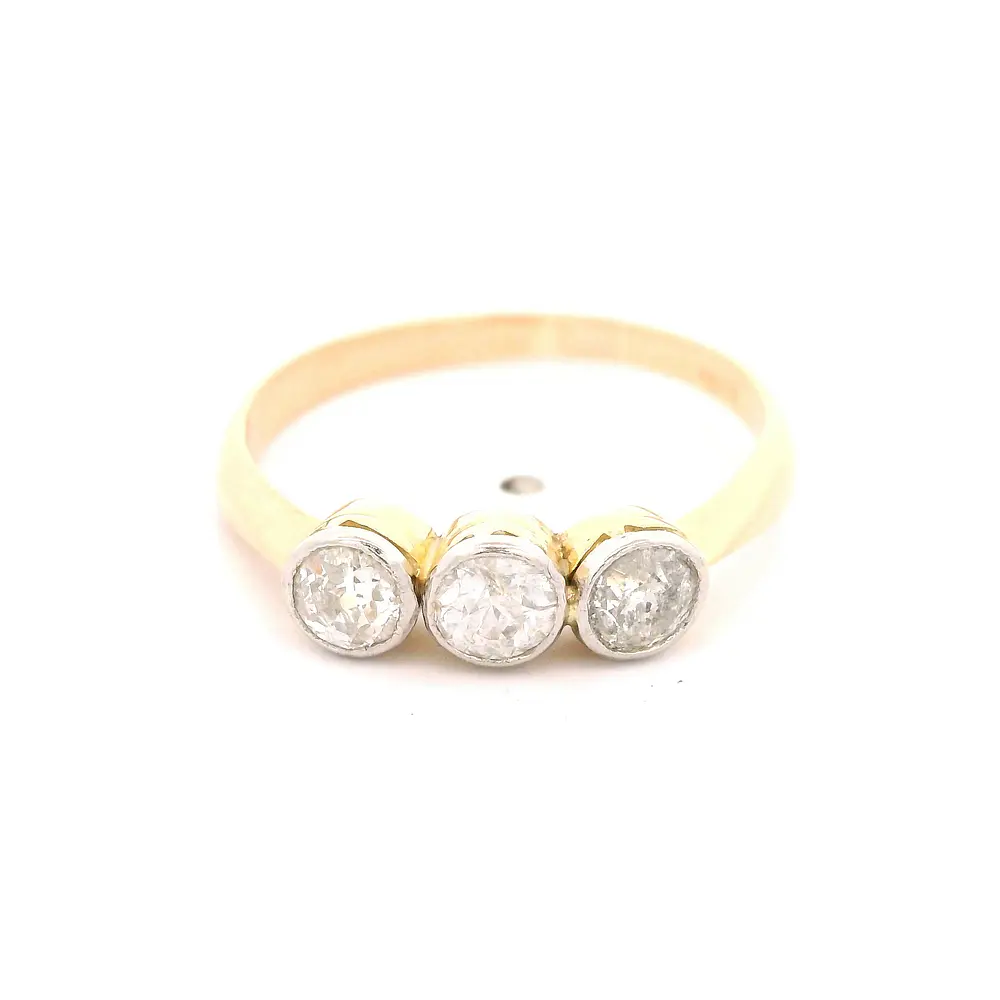 Anillo Cintillo De Dos Oros 18K Con 3 Diamantes Corte Antiguo