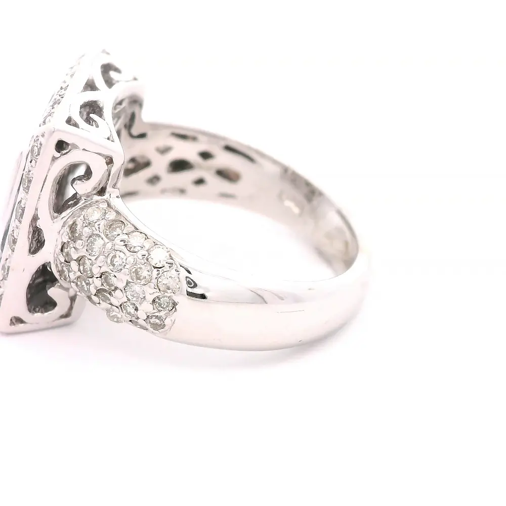 Anillo Sello Cuadrado De Oro Blanco 14K Con Diamantes y Piedras Azules
