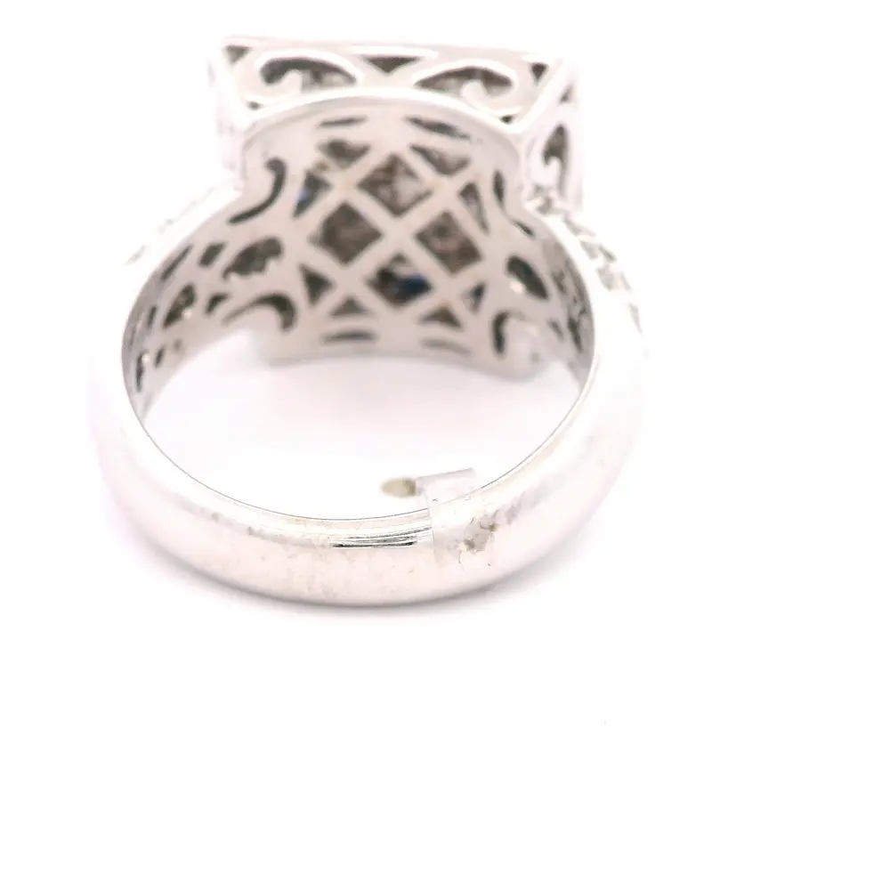 Anillo Sello Cuadrado De Oro Blanco 14K Con Diamantes y Piedras Azules