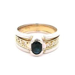 Anillo Cintillo Solitario De Dos Oros 18K Con Zafiro y Diamantes