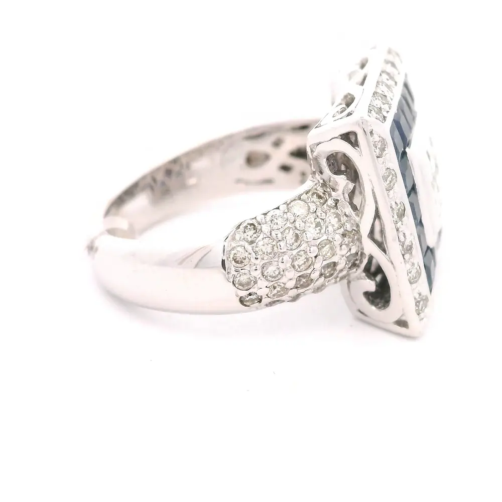 Anillo Sello Cuadrado De Oro Blanco 14K Con Diamantes y Piedras Azules